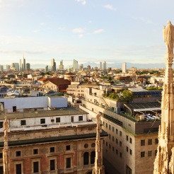 18. I was up at the rooftop during the sunset. On both sides of the cathedral there are panoramic views of the city, and on a clear day – which I enjoyed – the landscape of Milan can be observed, and in the distance the Italian Alps can also be seen.